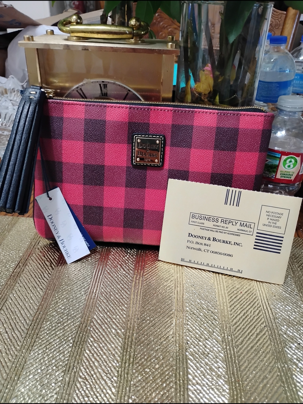 Dooney & Bourke Red & Black Buffalo Check Large Wristlet Clutch